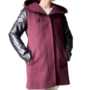 Soia & Kyo Wool Coat Merlot Hooded Leather Sleeves Made in Canada‎